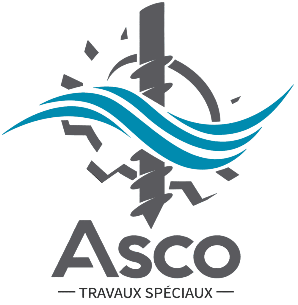 Logo Asco Travaux Spéciaux : Ingénierie et Fondations Logo Asco Travaux Spéciaux avec une vis sans fin grise, des vagues bleues et un engrenage circulaire.