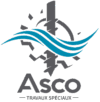 Logo Asco Travaux Spéciaux avec une vis sans fin grise, des vagues bleues et un engrenage circulaire.