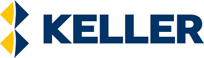 Keller Logo - Solutions de Fondations et Géotechnique Logo Keller bleu marine et jaune avec symbole géométrique, entreprise d'ingénierie géotechnique.