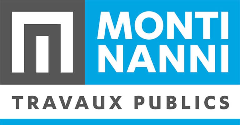 Logo Monti Nanni Travaux Publics | Entreprise de Bâtiment Logo Monti Nanni Travaux Publics avec un monogramme blanc sur fond gris et lettrage blanc sur un fond bleu vif.